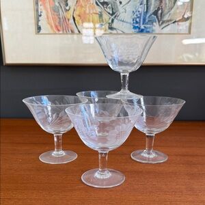 W.J. Hughes Cornflower etched crystal champagne coupes or sherbet glasses set 5